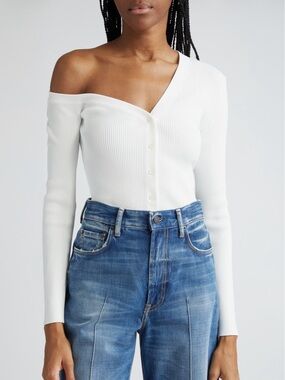 Staud White Craftsman One Shoulder Ribbed Cardigan